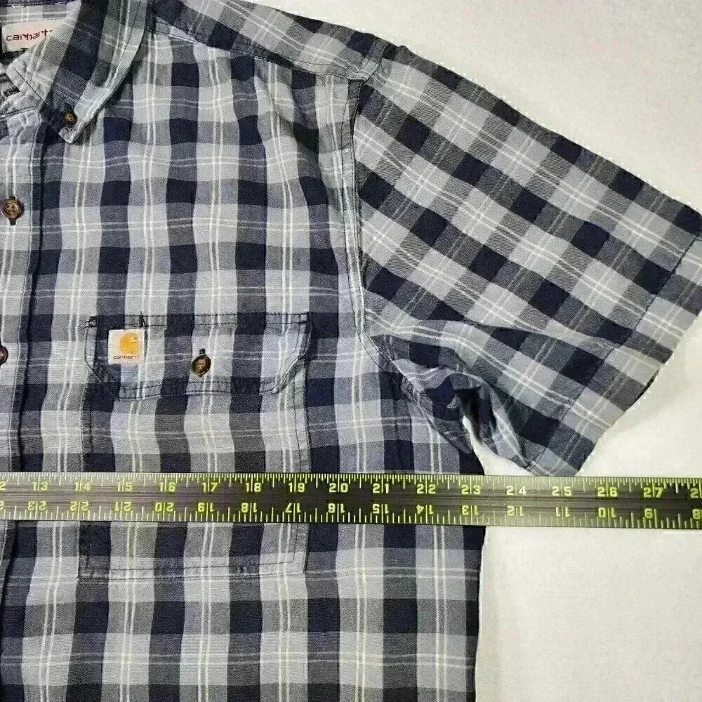 Carhartt Men's Loose Fit Midweight Shirt Large Short Sleeve Blue Plaid Button Up - Picture 8 of 15